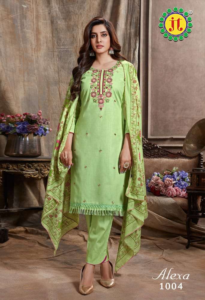 Alexa By JT 1001 To 1008 Series Beautiful Suits Stylish Colorful Fancy Casual Wear & Ethnic Wear Pure Cotton Print Dresses At Wholesale Price