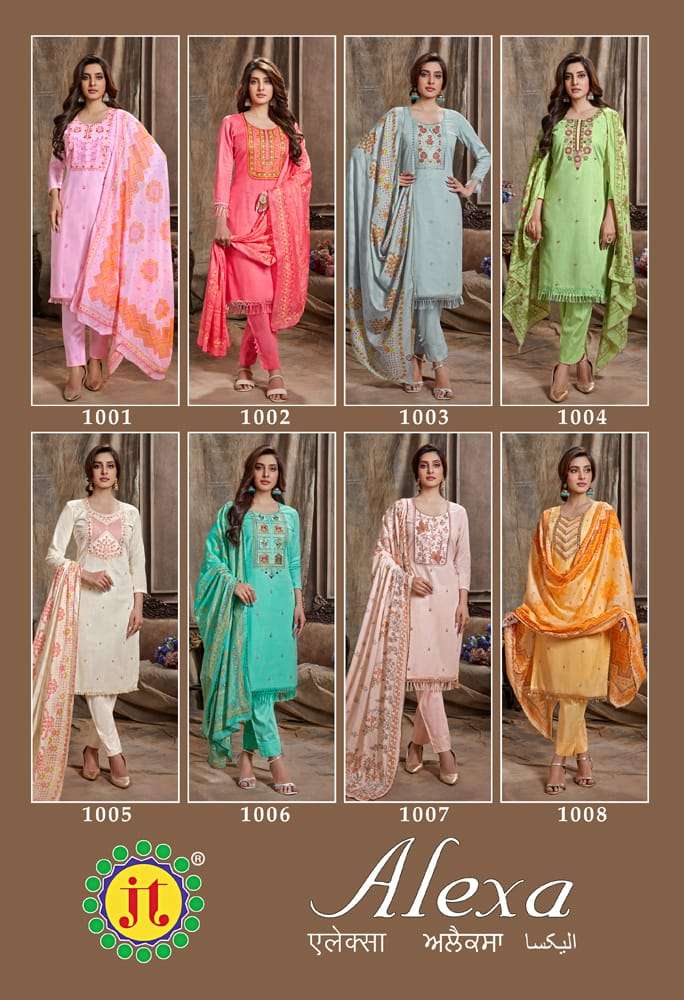 Alexa By JT 1001 To 1008 Series Beautiful Suits Stylish Colorful Fancy Casual Wear & Ethnic Wear Pure Cotton Print Dresses At Wholesale Price