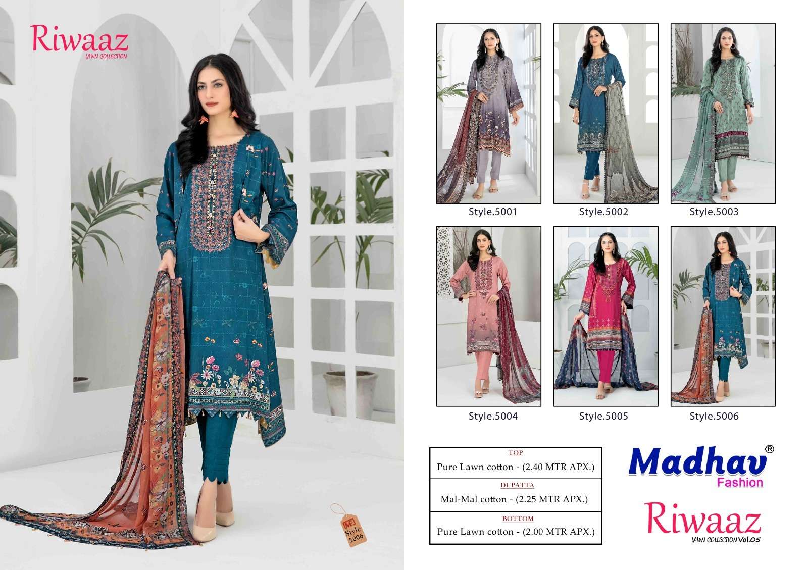 Riwaaz Vol-5 By Madhav Fashion 5001 To 5006 Series Beautiful Stylish Suits Fancy Colorful Casual Wear & Ethnic Wear & Ready To Wear Pure Lawn Embroidered Dresses At Wholesale Price
