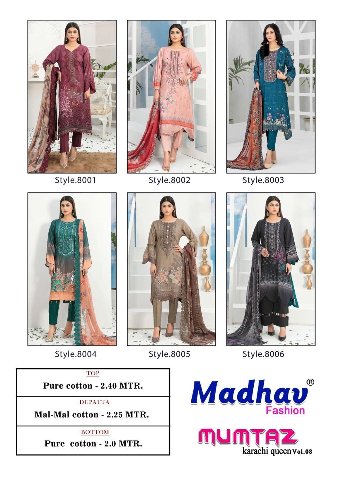 Mumtaz Vol-8 By Madhav Fashion 8001 To 8006 Series Beautiful Festive Suits Colorful Stylish Fancy Casual Wear & Ethnic Wear Pure Cotton Print Dresses At Wholesale Price