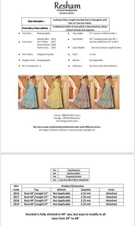 Resham By Gulzar 2016 To 2019 Series Beautiful Stylish Fancy Colorful Casual Wear & Ethnic Wear Georgette Gowns With Dupatta At Wholesale Price