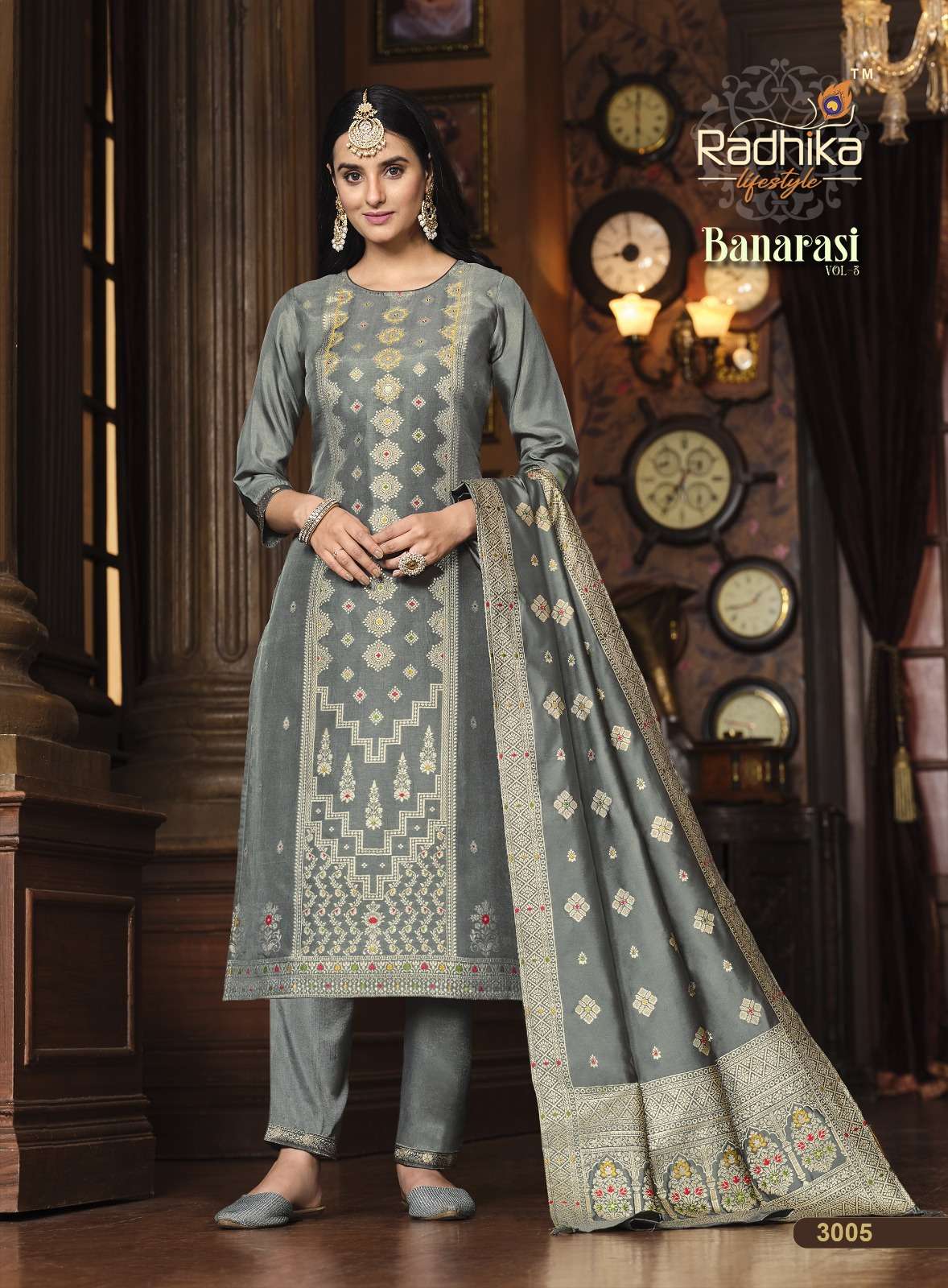 Banarasi Vol-3 By Radhika Lifestyle 3001 To 3006 Series Beautiful Stylish Suits Fancy Colorful Casual Wear & Ethnic Wear & Ready To Wear Pure Dola Silk Dresses At Wholesale Price