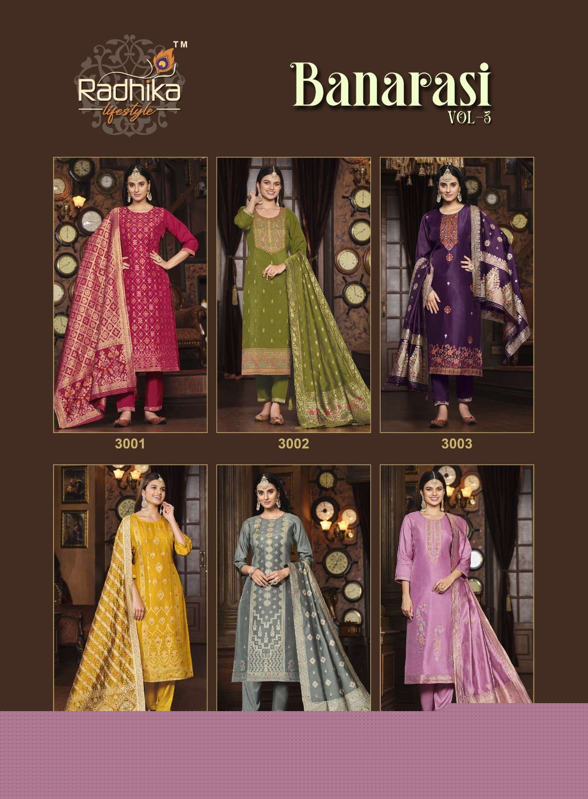 Banarasi Vol-3 By Radhika Lifestyle 3001 To 3006 Series Beautiful Stylish Suits Fancy Colorful Casual Wear & Ethnic Wear & Ready To Wear Pure Dola Silk Dresses At Wholesale Price