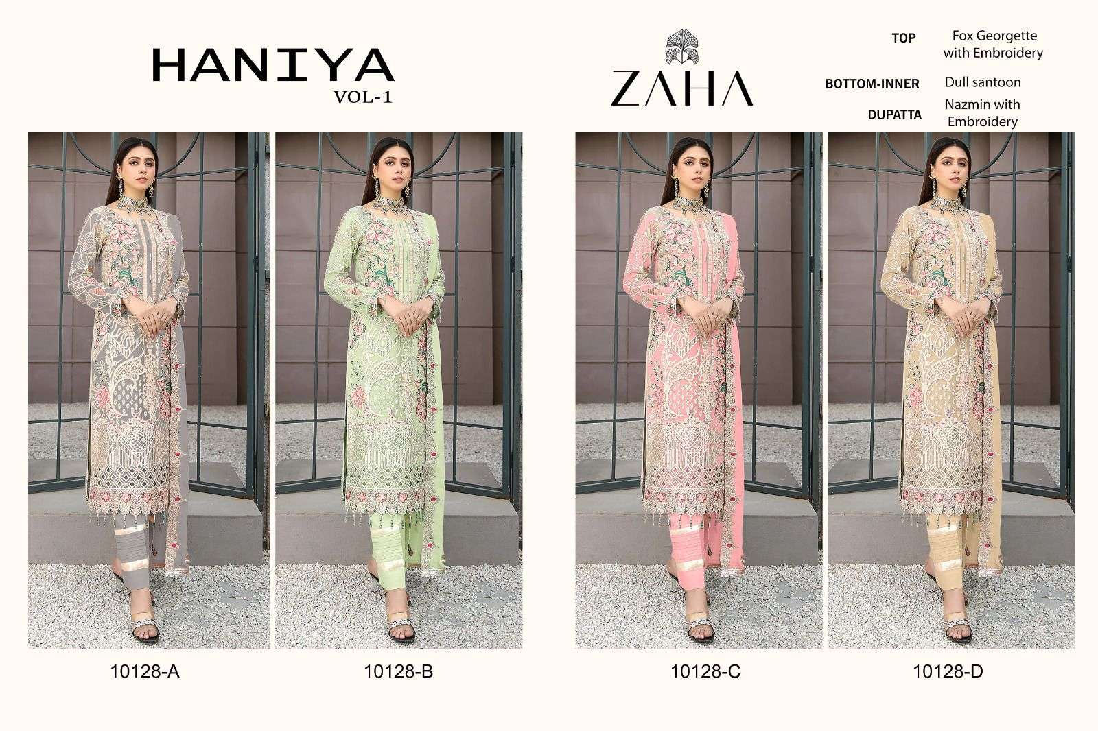 Haniya Vol-1 By Zaha 10128-A To 10128-D Series Pakistani Suits Beautiful Fancy Colorful Stylish Party Wear & Occasional Wear Faux Georgette Embroidery Dresses At Wholesale Price