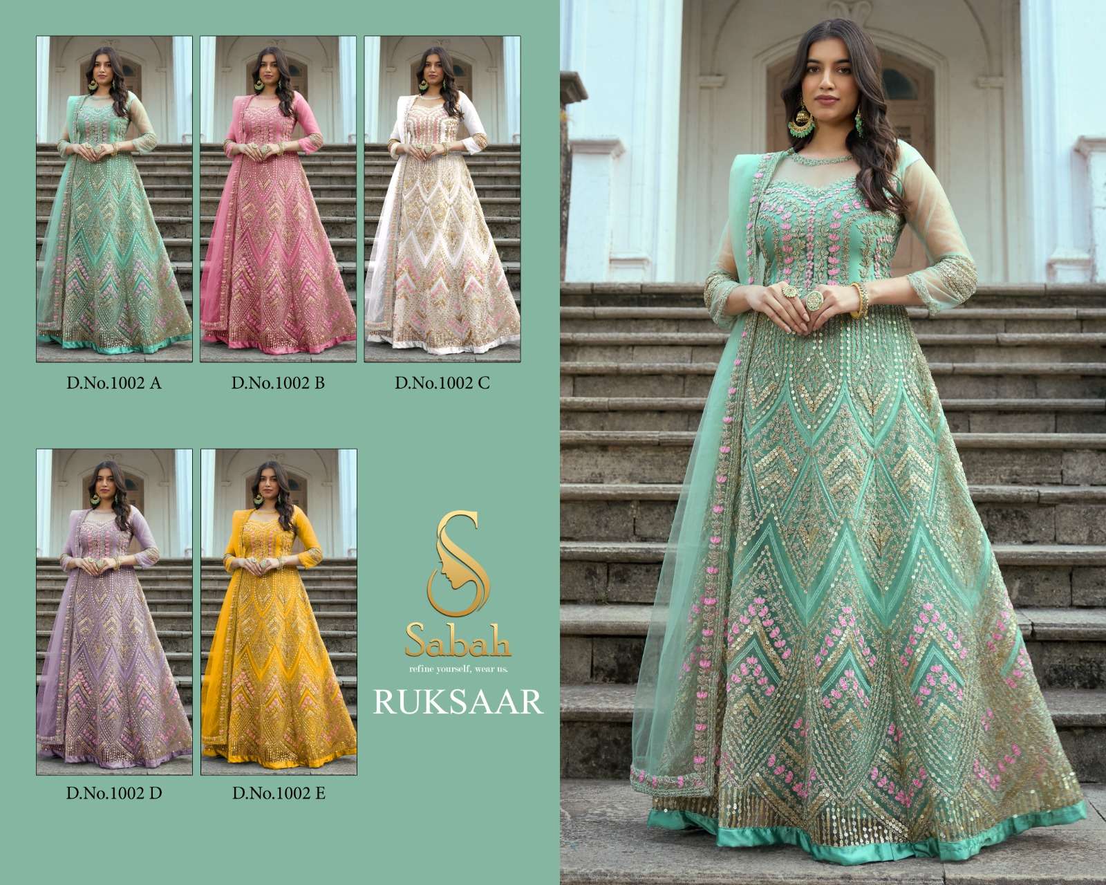 Ruksaar 1002 Colours By Sabah 1002-A To 1002-E Series Designer Anarkali Suits Beautiful Fancy Colorful Stylish Party Wear & Occasional Wear Heavy Net Dresses At Wholesale Price