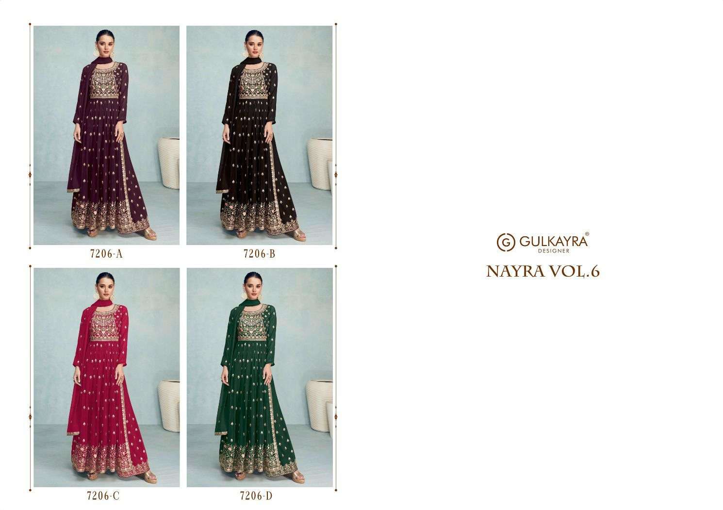 Nayra Vol-6 By Gulkayra Designer 7206-A To 7206-D Series Beautiful Sharara Suits Colorful Stylish Fancy Casual Wear & Ethnic Wear Georgette Embroidered Dresses At Wholesale Price