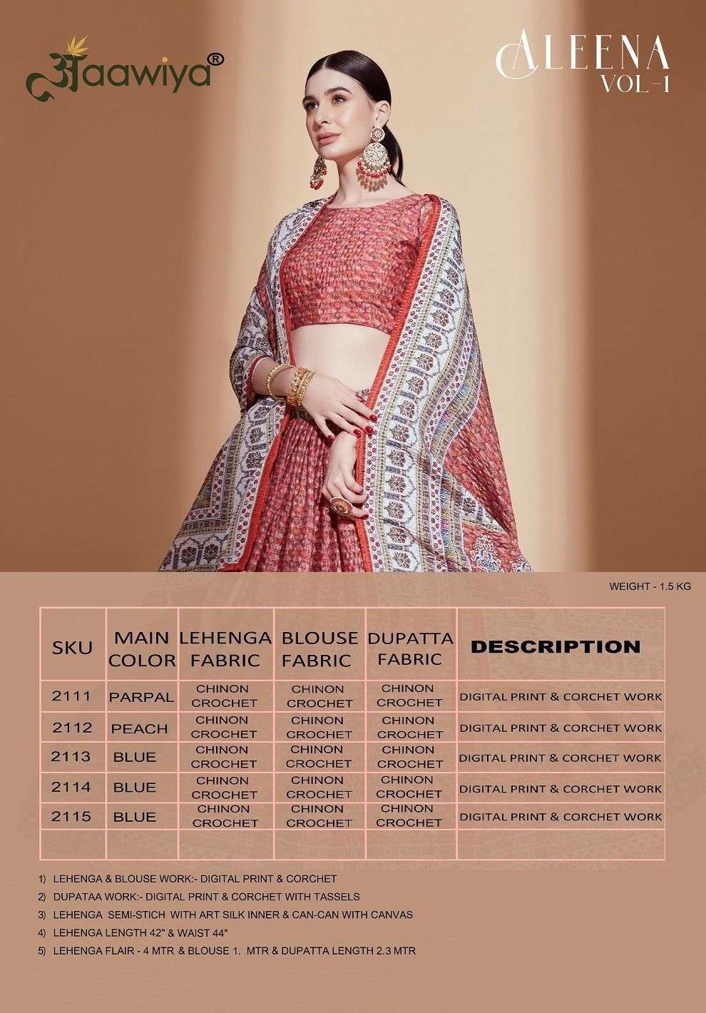 Aleena Vol-1 By Aawiya 2111 To 2115 Series Designer Beautiful Navratri Collection Occasional Wear & Party Wear Chinnon Lehengas At Wholesale Price