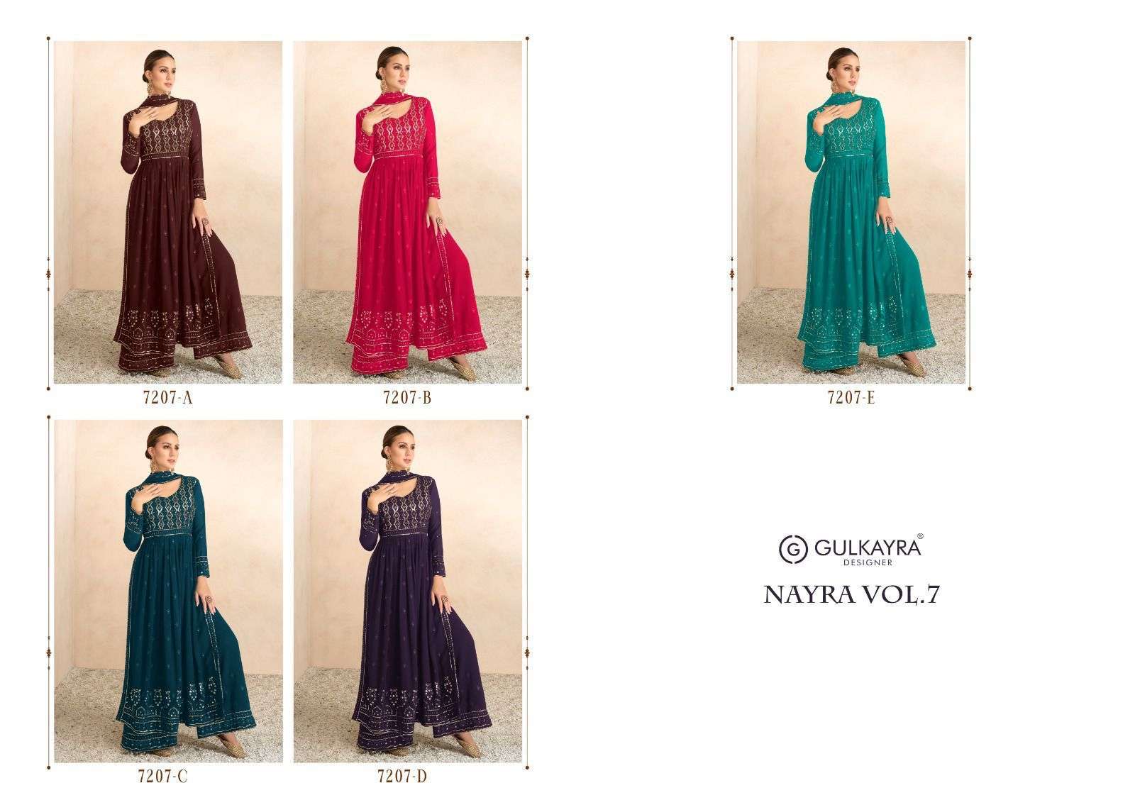 Nayra Vol-7 By Gulkayra Designer 7207-A To 7207-E Series Beautiful Sharara Suits Colorful Stylish Fancy Casual Wear & Ethnic Wear Georgette Embroidered Dresses At Wholesale Price