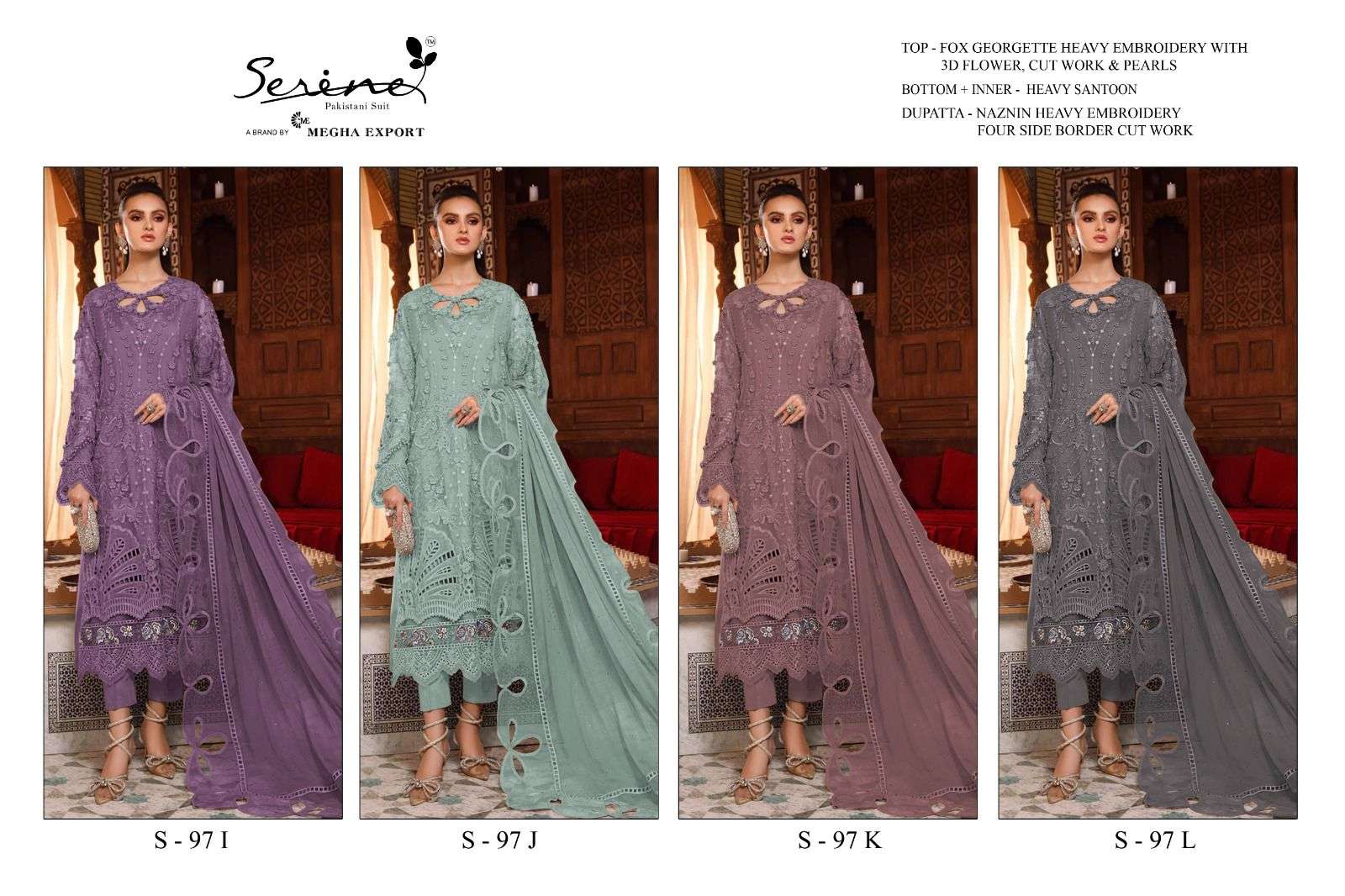 Serene Hit Design S-97 Colours Vol-3 By Serene S-97-I To S-97-L Series Designer Pakistani Suits Beautiful Fancy Colorful Stylish Party Wear & Occasional Wear Faux Georgette Embroidered Dresses At Wholesale Price
