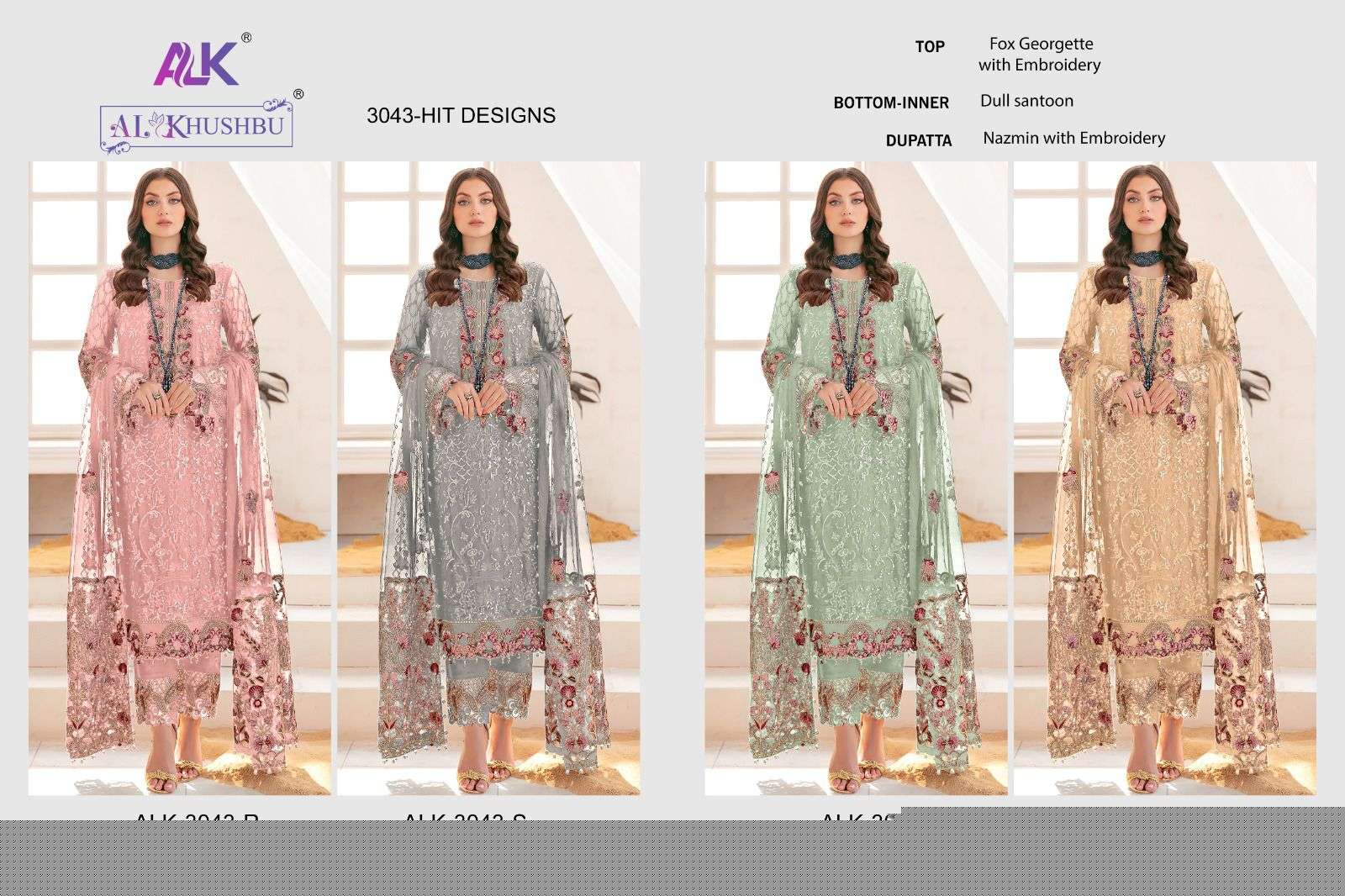 Al Khushbu Hit Design 3043 Colours Vol-2 By Al Khushbu 3043-R To 3043-U Series Pakistani Suits Beautiful Fancy Colorful Stylish Party Wear & Occasional Wear Faux Georgette With Embroidery Dresses At Wholesale Price