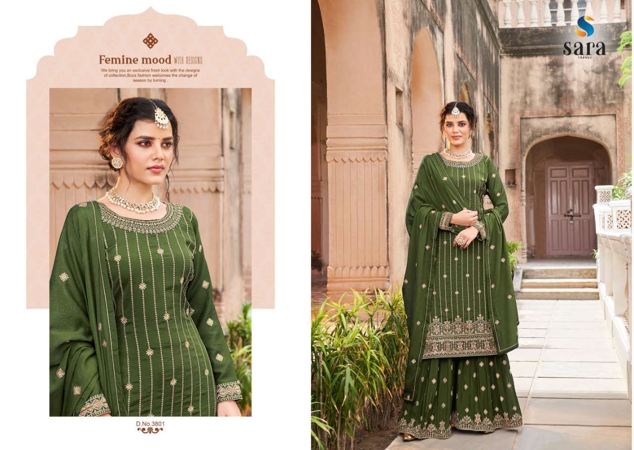 Bahar By Sara Trendz 3801 To 3804 Series Beautiful Stylish Sharara Suits Fancy Colorful Casual Wear & Ethnic Wear & Ready To Wear Heavy Chinnon Embroidered Dresses At Wholesale Price