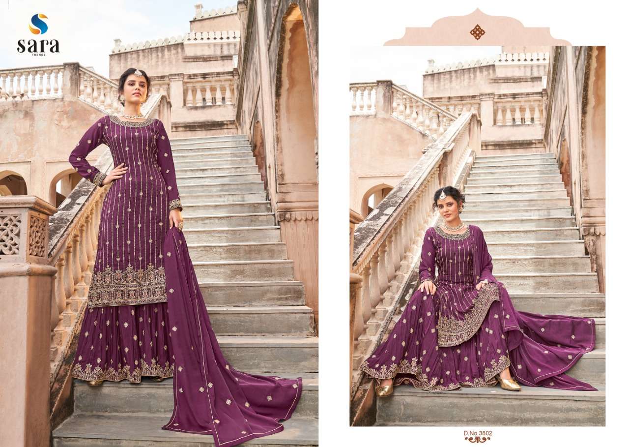 Bahar By Sara Trendz 3801 To 3804 Series Beautiful Stylish Sharara Suits Fancy Colorful Casual Wear & Ethnic Wear & Ready To Wear Heavy Chinnon Embroidered Dresses At Wholesale Price
