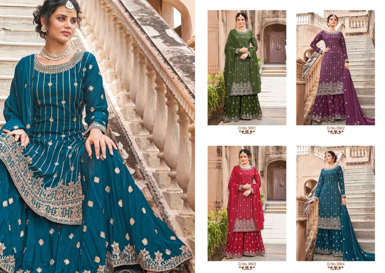 Bahar By Sara Trendz 3801 To 3804 Series Beautiful Stylish Sharara Suits Fancy Colorful Casual Wear & Ethnic Wear & Ready To Wear Heavy Chinnon Embroidered Dresses At Wholesale Price