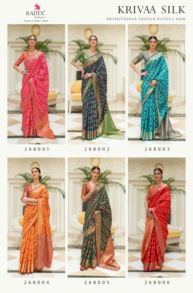Krivaa Silk By Raj Tex 268001 To 268006 Series Indian Traditional Wear Collection Beautiful Stylish Fancy Colorful Party Wear & Occasional Wear Patola Silk Sarees At Wholesale Price