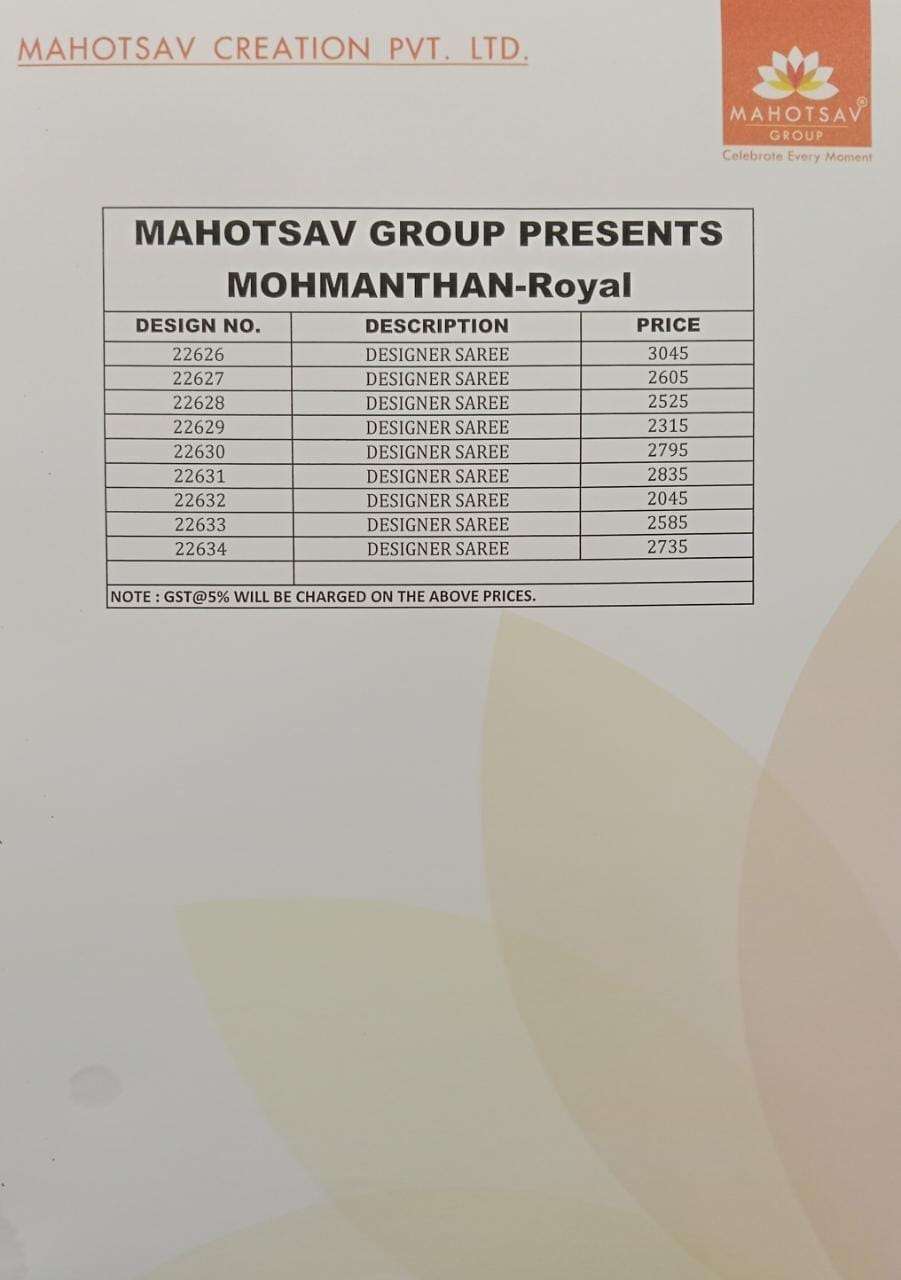 Royal 22626 Series By Mahotsav 22626 To 22634 Series Indian Traditional Wear Collection Beautiful Stylish Fancy Colorful Party Wear & Occasional Wear Fancy Sarees At Wholesale Price