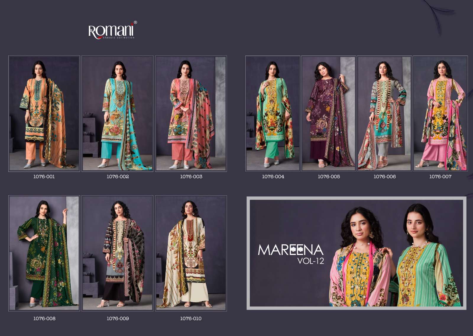 Mareena Vol-12 By Romani 1076-001 To 1076-010 Series Beautiful Stylish Festive Suits Fancy Colorful Casual Wear & Ethnic Wear & Ready To Wear Pure Soft Cotton With Embroidery Dresses At Wholesale Price