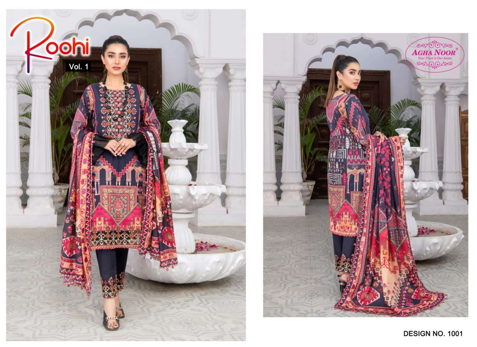 Roohi Vol-1 By Agha Noor 1001 To 1004 Series Beautiful Stylish Pakistani Suits Fancy Colorful Casual Wear & Ethnic Wear & Ready To Wear Lawn Cotton Embroidered Dresses At Wholesale Price
