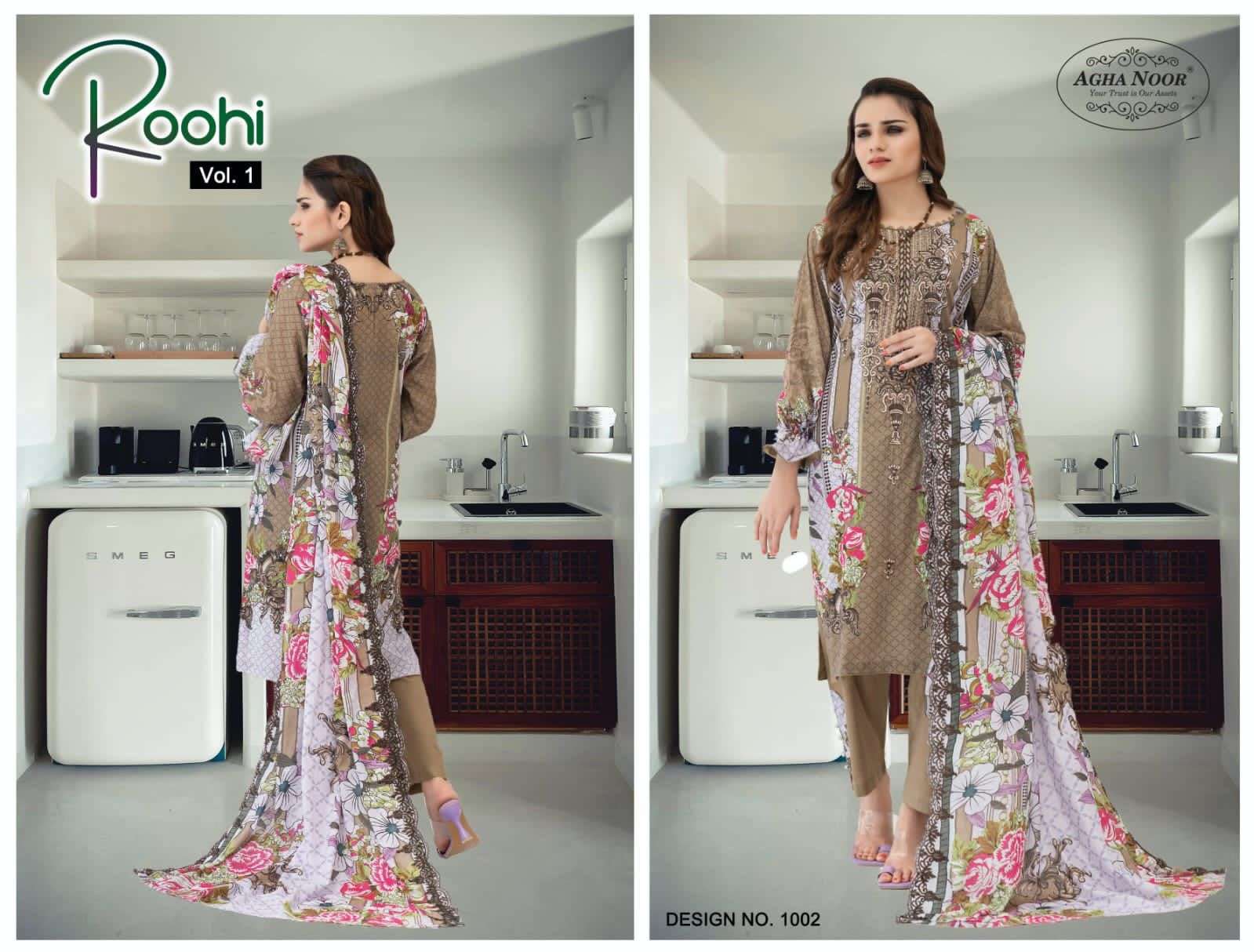 Roohi Vol-1 By Agha Noor 1001 To 1004 Series Beautiful Stylish Pakistani Suits Fancy Colorful Casual Wear & Ethnic Wear & Ready To Wear Lawn Cotton Embroidered Dresses At Wholesale Price