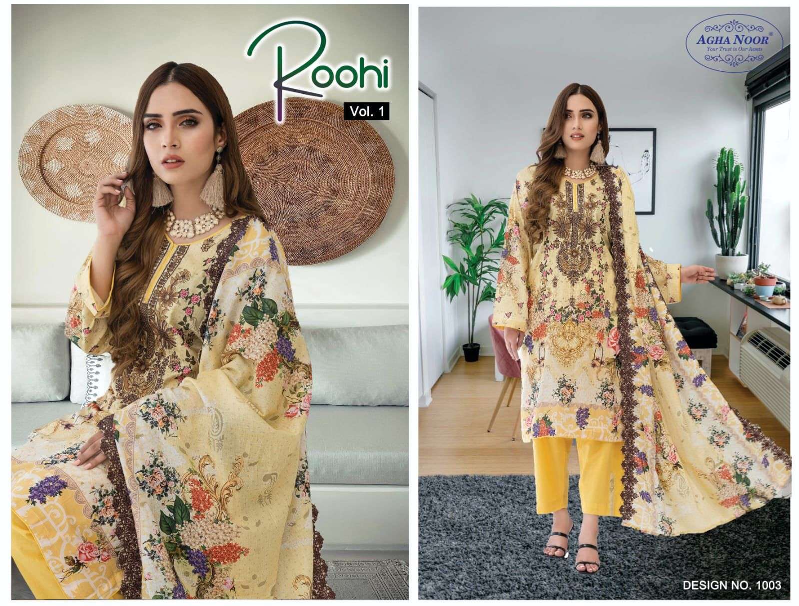Roohi Vol-1 By Agha Noor 1001 To 1004 Series Beautiful Stylish Pakistani Suits Fancy Colorful Casual Wear & Ethnic Wear & Ready To Wear Lawn Cotton Embroidered Dresses At Wholesale Price