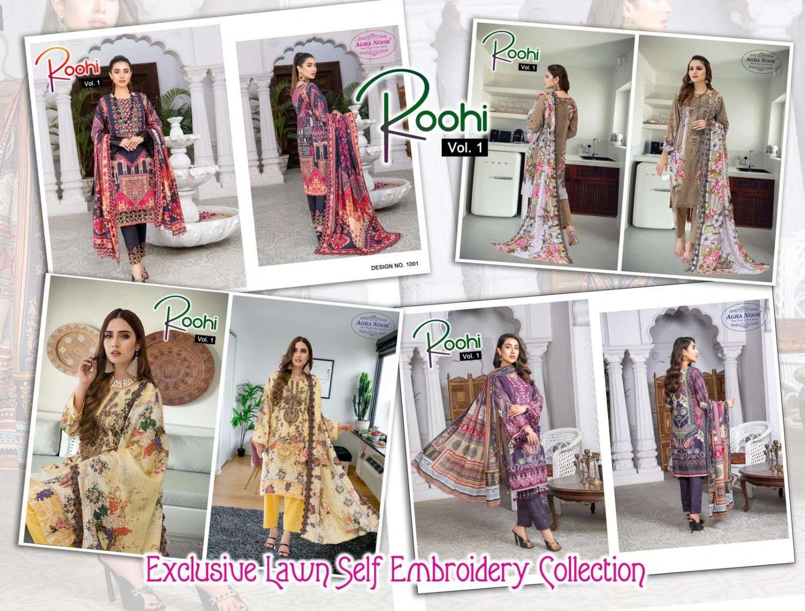 Roohi Vol-1 By Agha Noor 1001 To 1004 Series Beautiful Stylish Pakistani Suits Fancy Colorful Casual Wear & Ethnic Wear & Ready To Wear Lawn Cotton Embroidered Dresses At Wholesale Price