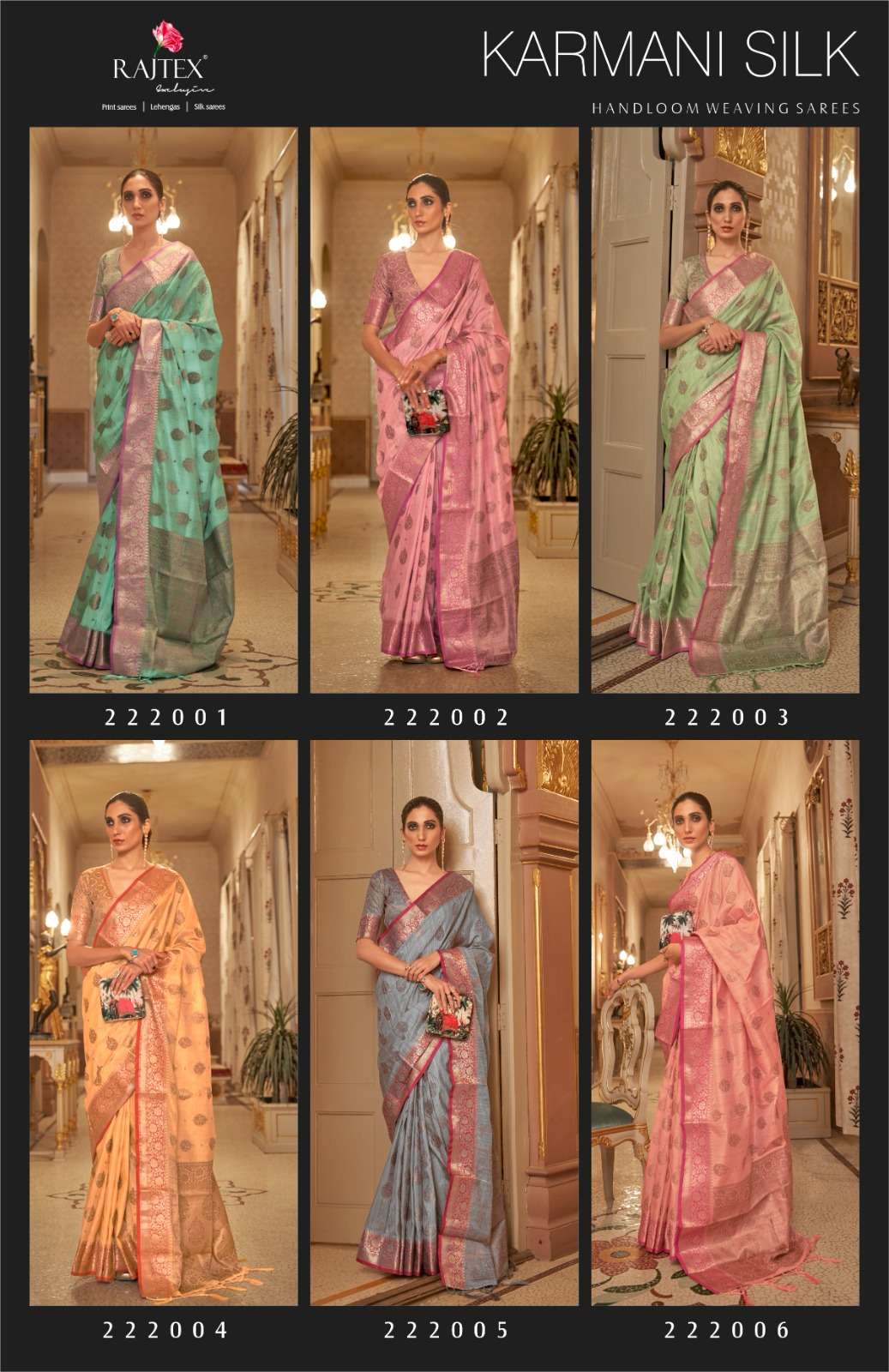 Karmani Silk By Raj Tex 222001 To 222006 Series Indian Traditional Wear Collection Beautiful Stylish Fancy Colorful Party Wear & Occasional Wear Handloom Weaving Sarees At Wholesale Price