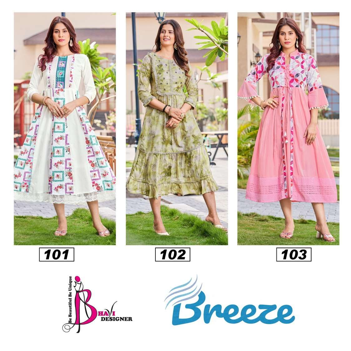 Breeze By Bhavi Designer 101 To 103 Series Beautiful Stylish Fancy Colorful Casual Wear & Ethnic Wear Fancy Kurtis At Wholesale Price
