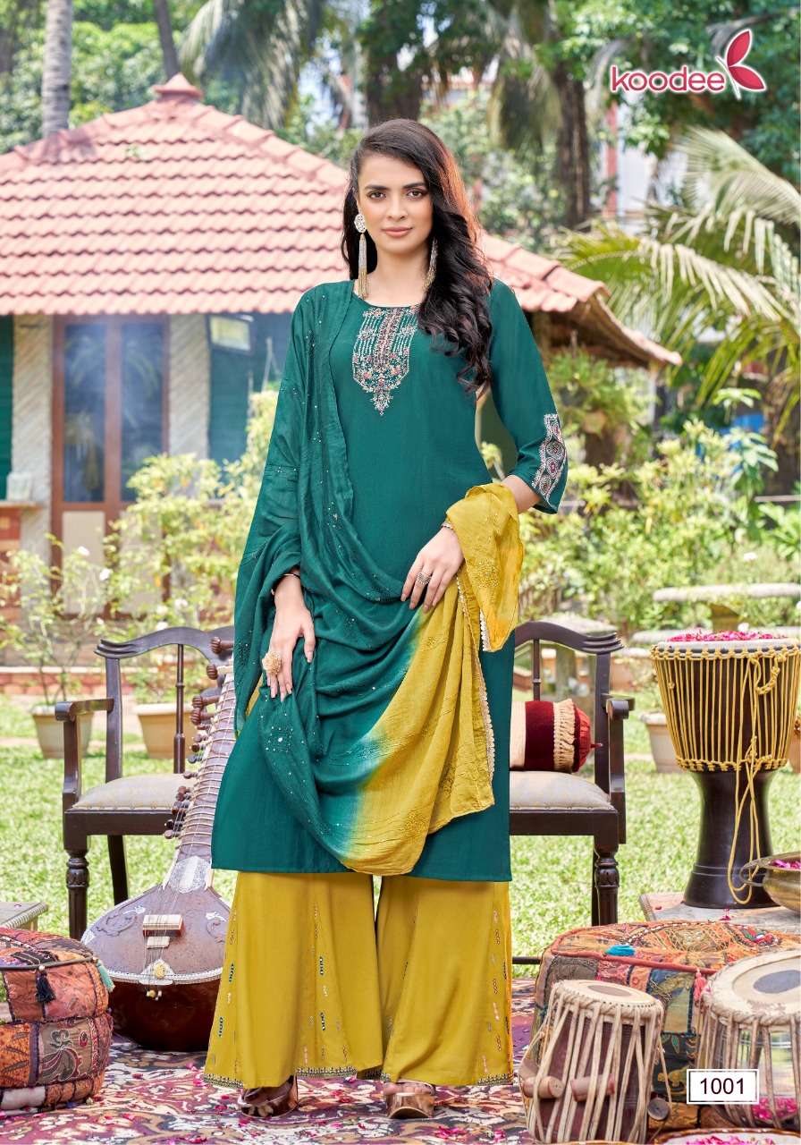 Sanaya By Koodee 1001 To 1006 Series Beautiful Festive Suits Colorful Stylish Fancy Casual Wear & Ethnic Wear Heavy Chinnon Embroidered Dresses At Wholesale Price