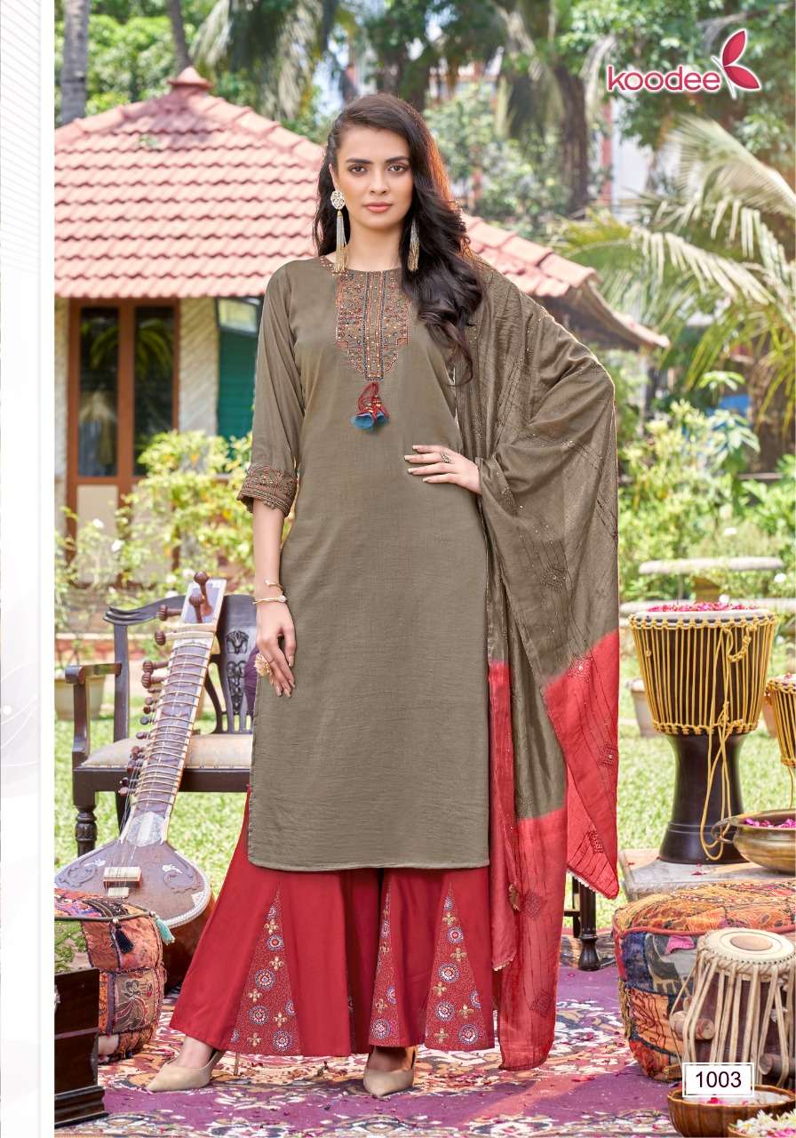 Sanaya By Koodee 1001 To 1006 Series Beautiful Festive Suits Colorful Stylish Fancy Casual Wear & Ethnic Wear Heavy Chinnon Embroidered Dresses At Wholesale Price