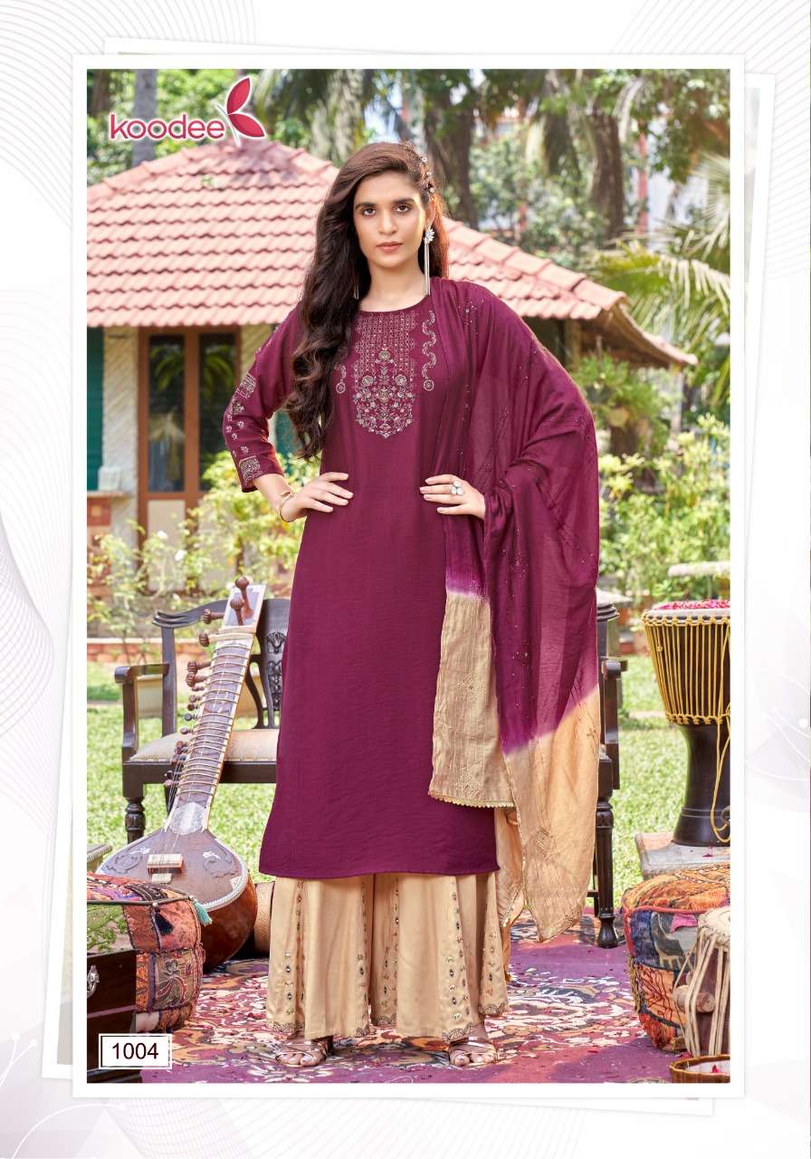 Sanaya By Koodee 1001 To 1006 Series Beautiful Festive Suits Colorful Stylish Fancy Casual Wear & Ethnic Wear Heavy Chinnon Embroidered Dresses At Wholesale Price