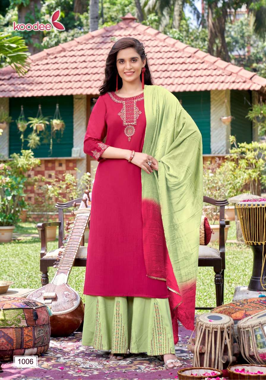 Sanaya By Koodee 1001 To 1006 Series Beautiful Festive Suits Colorful Stylish Fancy Casual Wear & Ethnic Wear Heavy Chinnon Embroidered Dresses At Wholesale Price