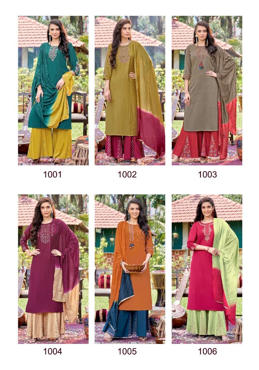 Sanaya By Koodee 1001 To 1006 Series Beautiful Festive Suits Colorful Stylish Fancy Casual Wear & Ethnic Wear Heavy Chinnon Embroidered Dresses At Wholesale Price