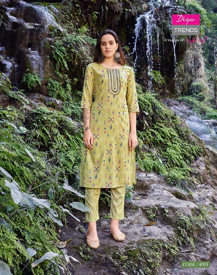 Celebration Vol-4 By Diya Trends 4001 To 4007 Series Designer Stylish Fancy Colorful Beautiful Party Wear & Ethnic Wear Collection Rayon Print Kurtis With Bottom At Wholesale Price