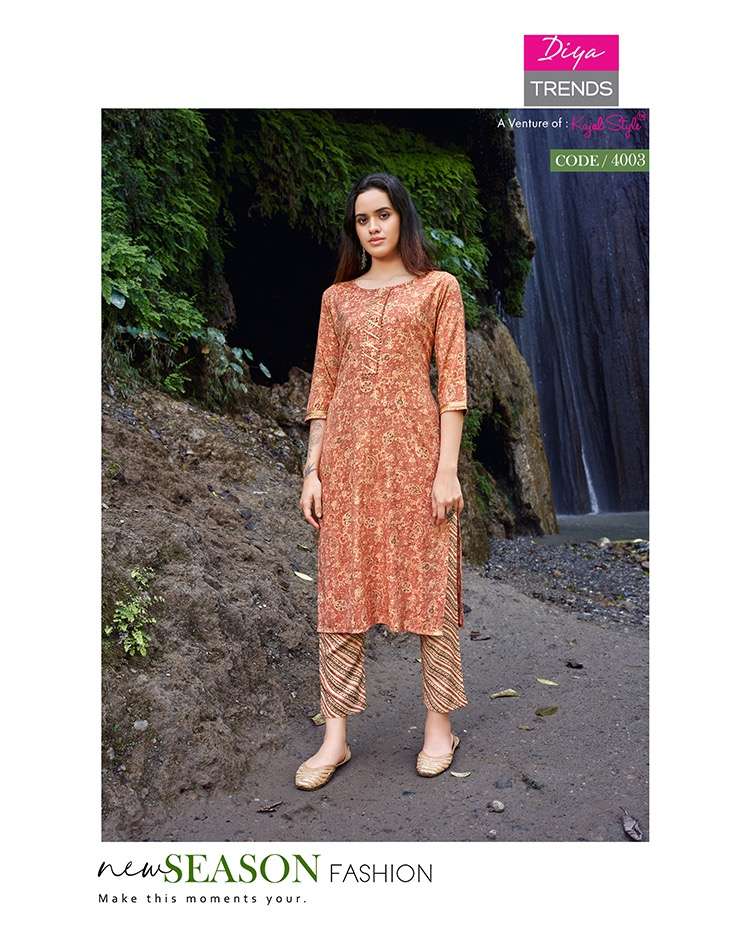Celebration Vol-4 By Diya Trends 4001 To 4007 Series Designer Stylish Fancy Colorful Beautiful Party Wear & Ethnic Wear Collection Rayon Print Kurtis With Bottom At Wholesale Price