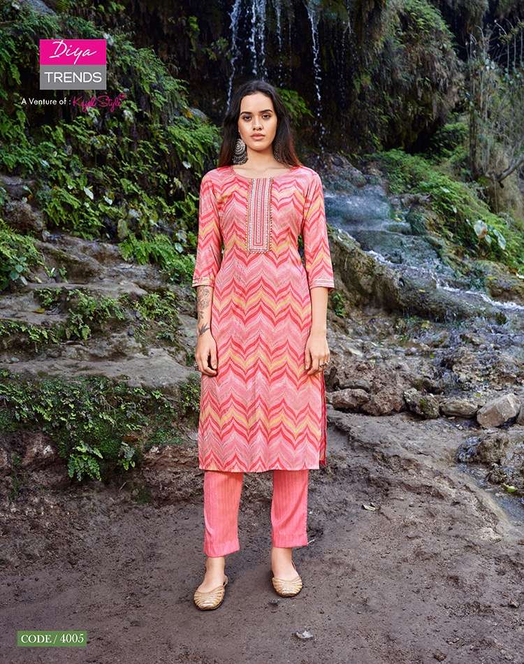 Celebration Vol-4 By Diya Trends 4001 To 4007 Series Designer Stylish Fancy Colorful Beautiful Party Wear & Ethnic Wear Collection Rayon Print Kurtis With Bottom At Wholesale Price