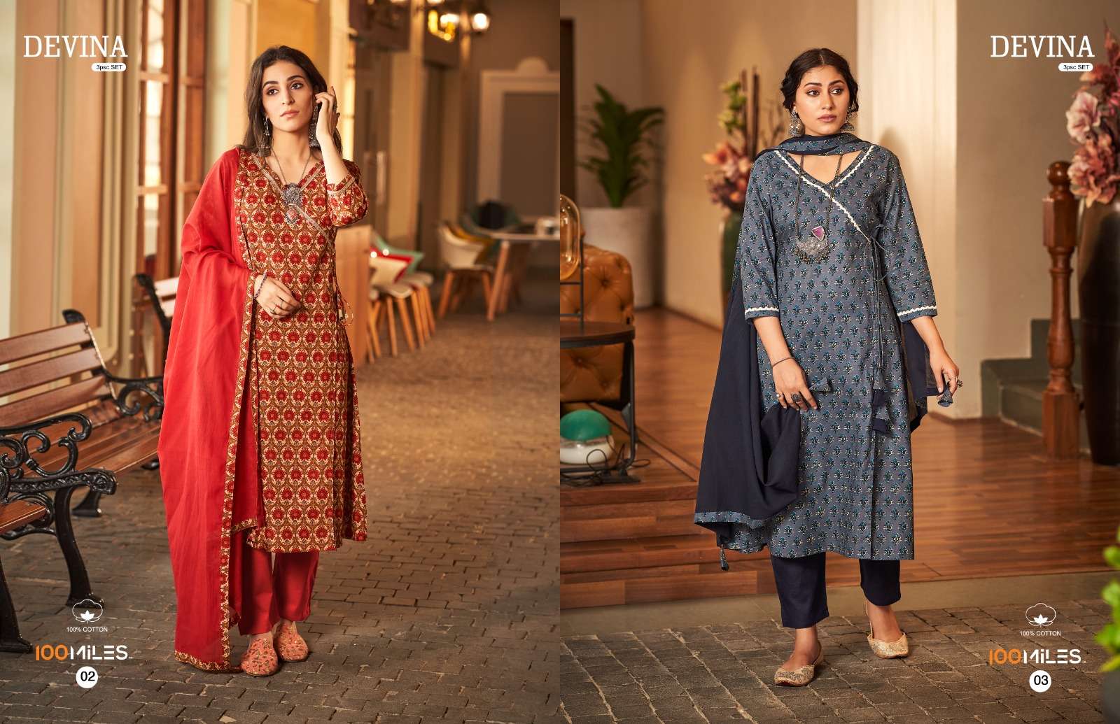 Devina By 100 Miles 01 To 04 Series Beautiful Suits Colorful Stylish Fancy Casual Wear & Ethnic Wear Pure Cotton Print Dresses At Wholesale Price