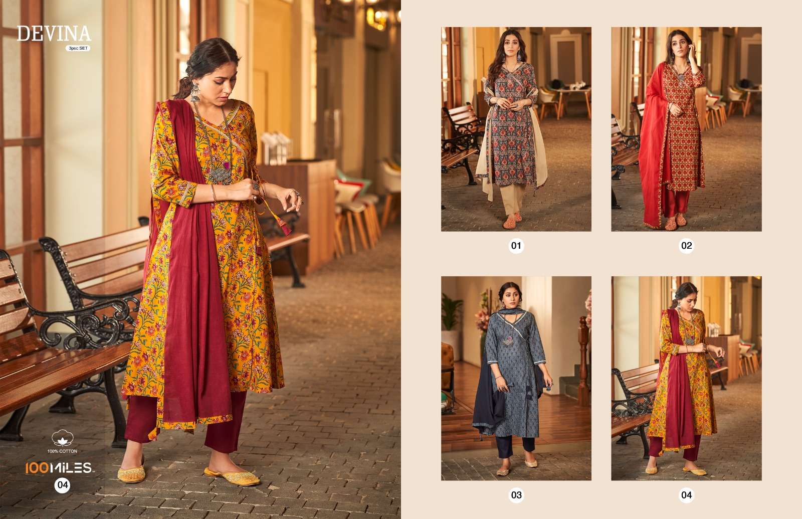 Devina By 100 Miles 01 To 04 Series Beautiful Suits Colorful Stylish Fancy Casual Wear & Ethnic Wear Pure Cotton Print Dresses At Wholesale Price