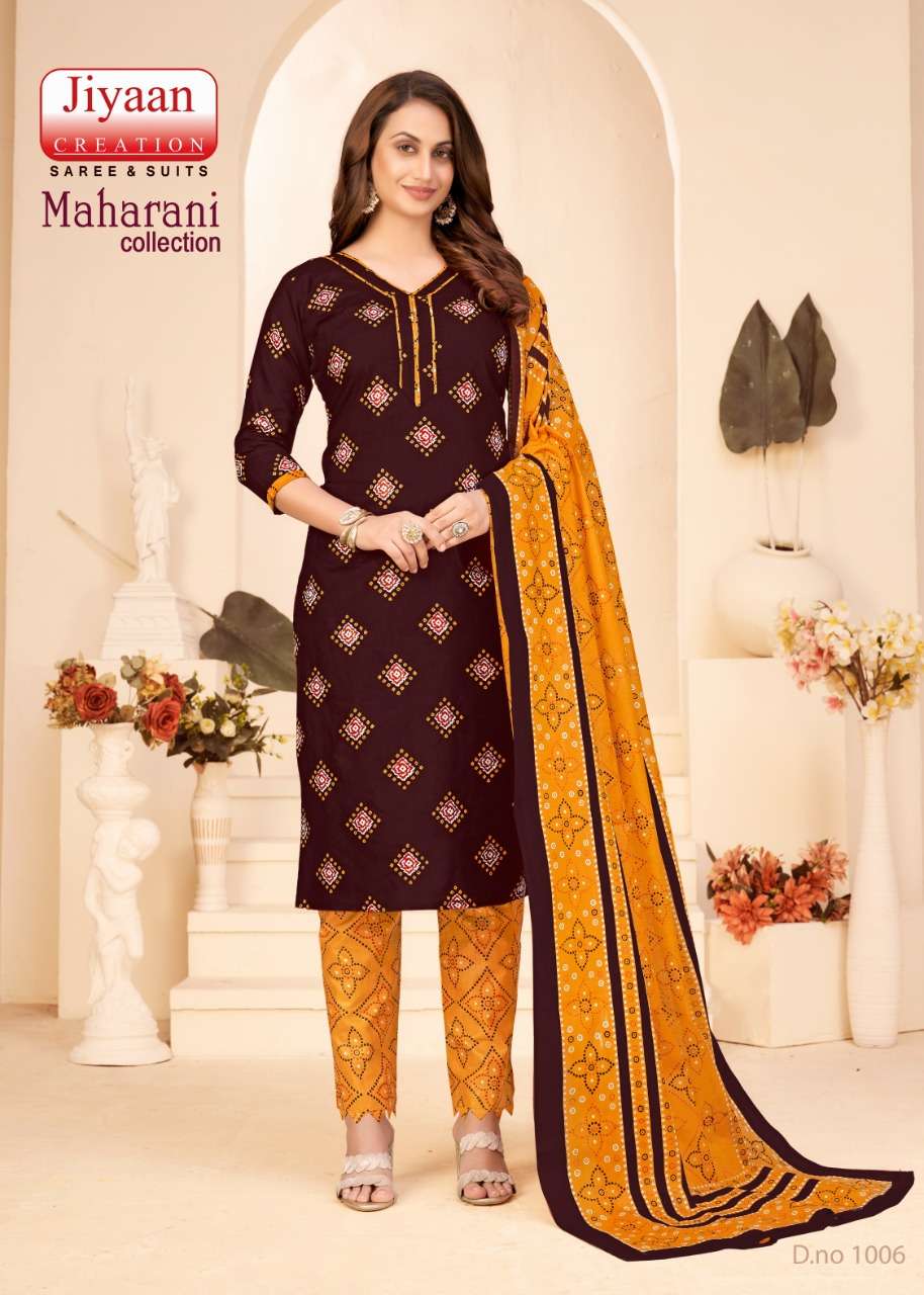 Maharani Collection By Jiyaan Creation 1001 To 1010 Series Beautiful Stylish Festive Suits Fancy Colorful Casual Wear & Ethnic Wear & Ready To Wear Cambric Print Dresses At Wholesale Price