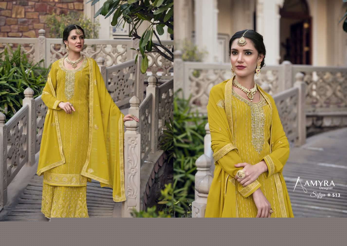 Sofiya Vol-4 By Amyra Designer 513 To 516 Series Beautiful Sharara Suits Colorful Stylish Fancy Casual Wear & Ethnic Wear Heavy Georgette Dresses At Wholesale Price