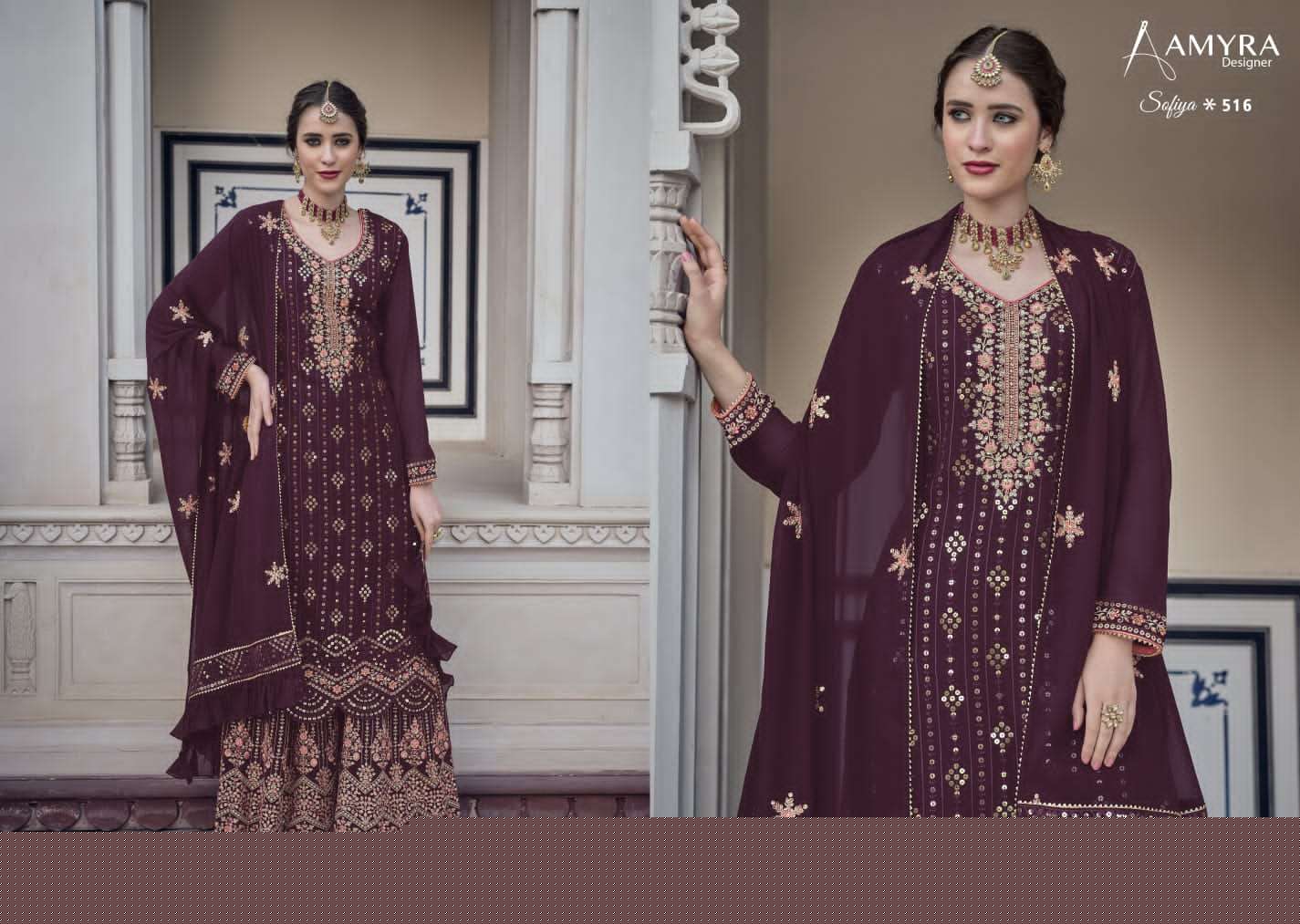 Sofiya Vol-4 By Amyra Designer 513 To 516 Series Beautiful Sharara Suits Colorful Stylish Fancy Casual Wear & Ethnic Wear Heavy Georgette Dresses At Wholesale Price