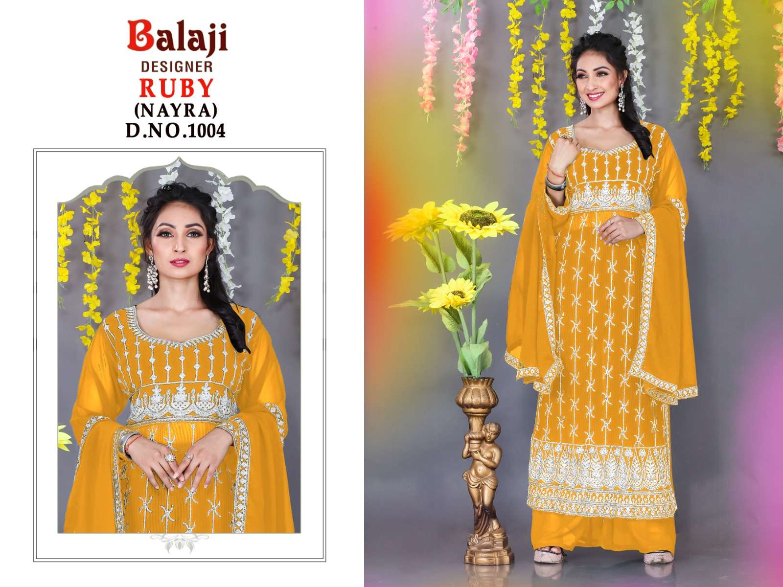 Ruby By Balaji Designer 1001 To 1004 Series Beautiful Sharara Suits Colorful Stylish Fancy Casual Wear & Ethnic Wear Georgette Embroidered Dresses At Wholesale Price
