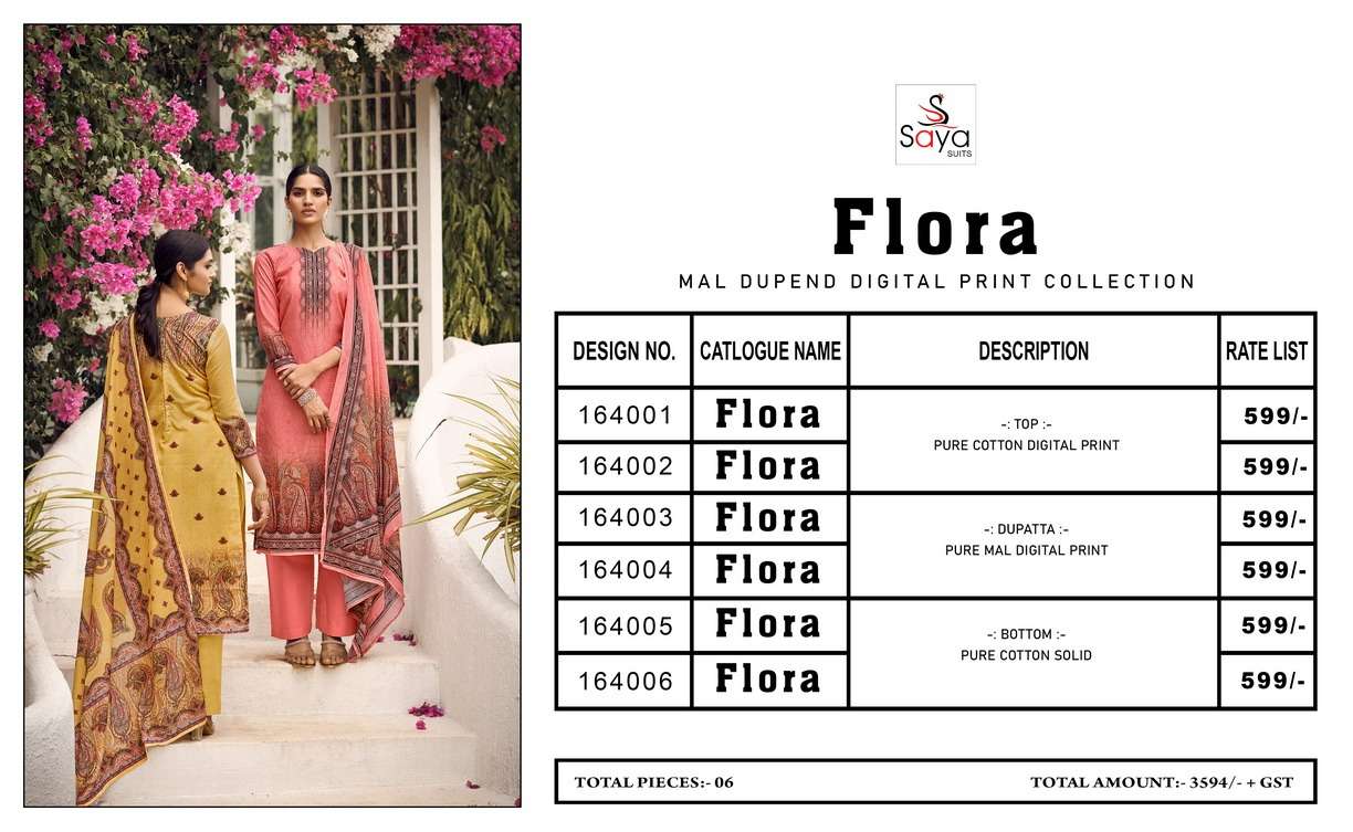 Flora By Saya Suits 164001 To 164006 Series Beautiful Festive Suits Colorful Stylish Fancy Casual Wear & Ethnic Wear Pure Cotton Dresses At Wholesale Price