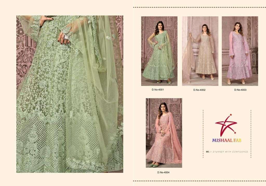 Mishaal 4001 Series By Mishaal Fab 4001 To 4004 Series Beautiful Pakistani Suits Stylish Colorful Fancy Casual Wear & Ethnic Wear Net Embroidered Dresses At Wholesale Price