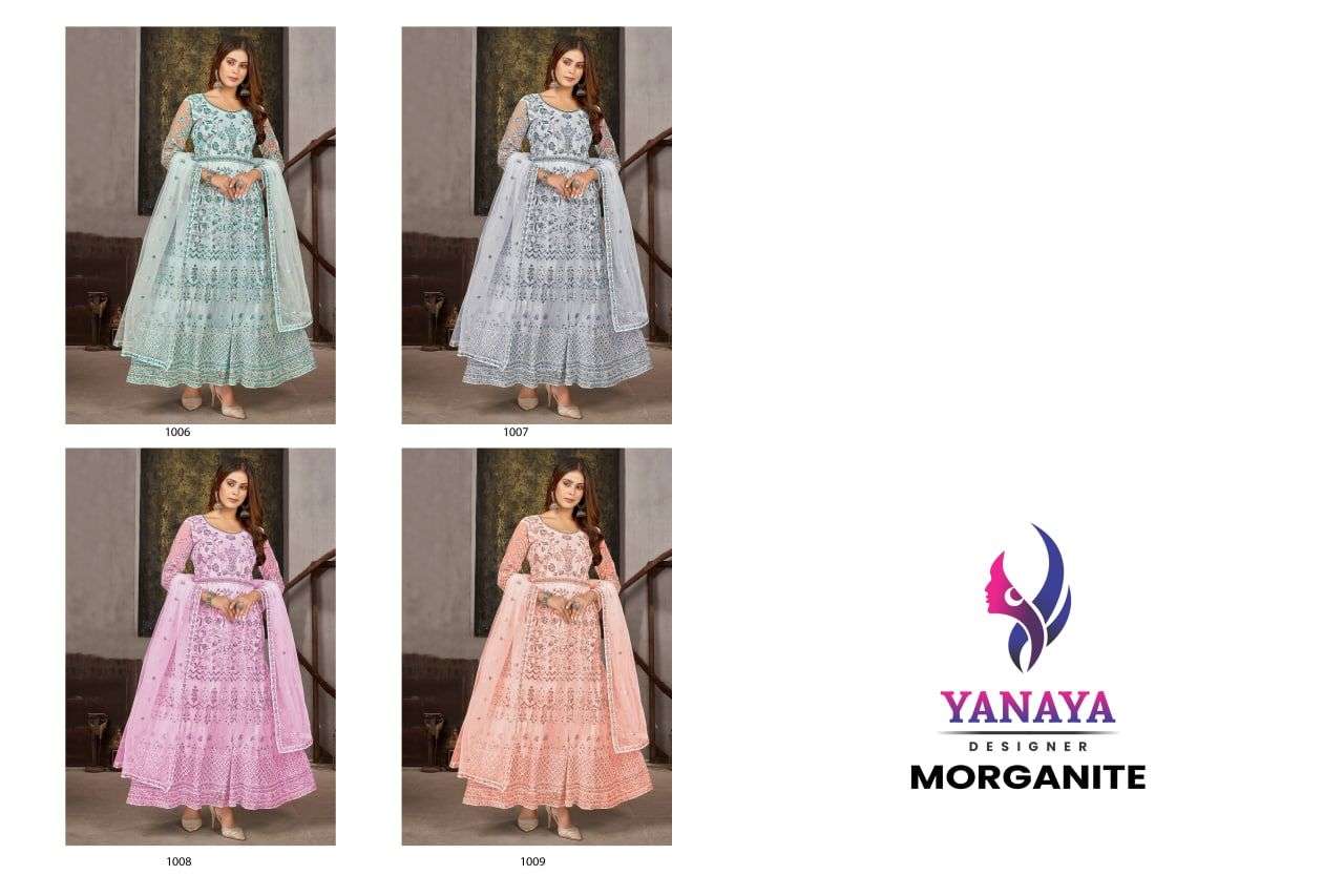 Morganite By Yanaya Designer 1006 To 1009 Series Beautiful Pakistani Suits Stylish Colorful Fancy Casual Wear & Ethnic Wear Net Embroidered Dresses At Wholesale Price
