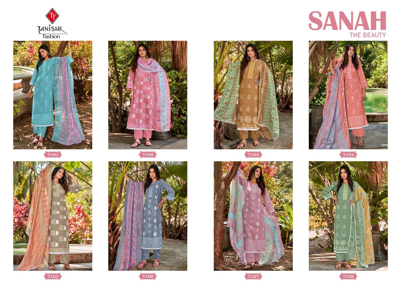 Sanah The Beauty By Tanishk Fashion 7101 To 7108 Series Beautiful Stylish Festive Suits Fancy Colorful Casual Wear & Ethnic Wear & Ready To Wear Pure Cotton Print Dresses At Wholesale Price