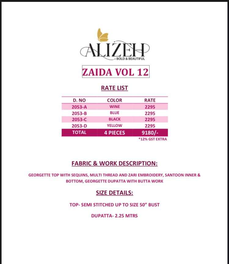 Zaida Vol-12 By Alizeh 2053-A To 2053-D Series Beautiful Suits Colorful Stylish Fancy Casual Wear & Ethnic Wear Georgette Dresses At Wholesale Price