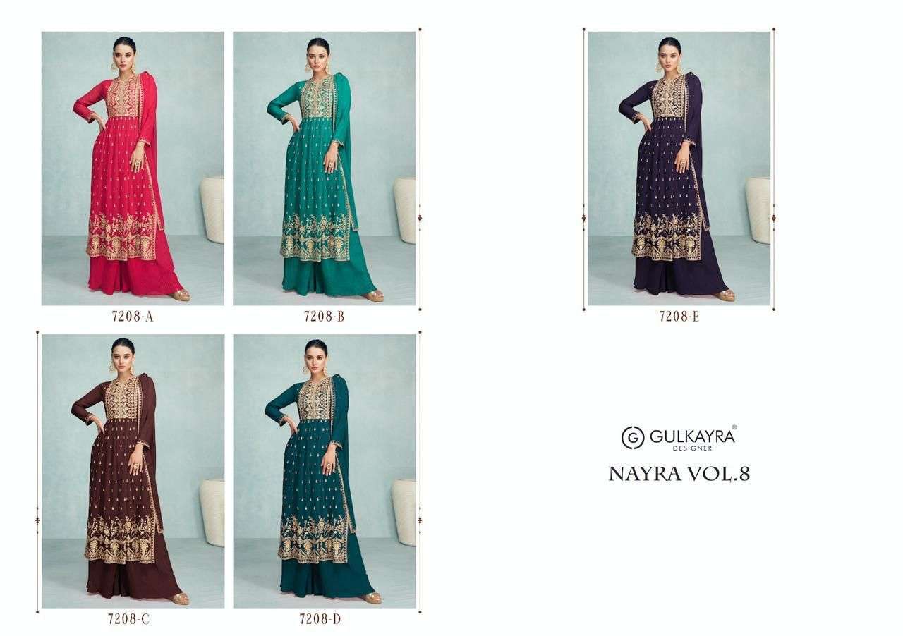 Nayra Vol-8 By Gulkayra Designer 7208-A To 7208-E Series Beautiful Sharara Suits Colorful Stylish Fancy Casual Wear & Ethnic Wear Georgette Embroidered Dresses At Wholesale Price