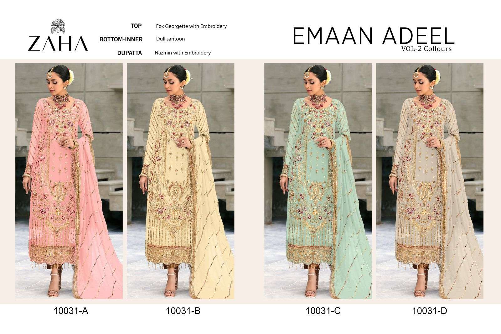 Emaan Adeel Vol-2 Collours By Zaha 10031-F To 10031-I Series Beautiful Winter Collection Suits Stylish Fancy Colorful Casual Wear & Ethnic Wear Faux Georgette With Work Dresses At Wholesale Price