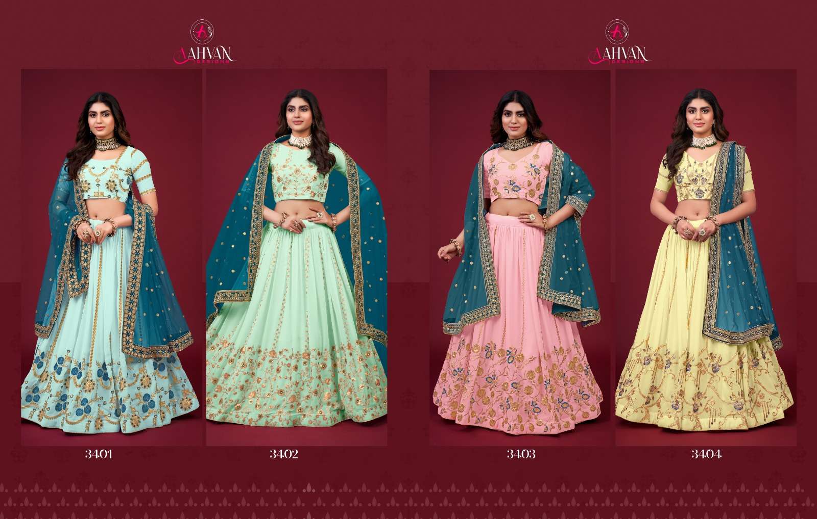 Glamour By Aahvan 3401 To 3404 Series Wedding Wear Collection Beautiful Stylish Colorful Fancy Party Wear & Occasional Wear Faux Georgette Lehengas At Wholesale Price
