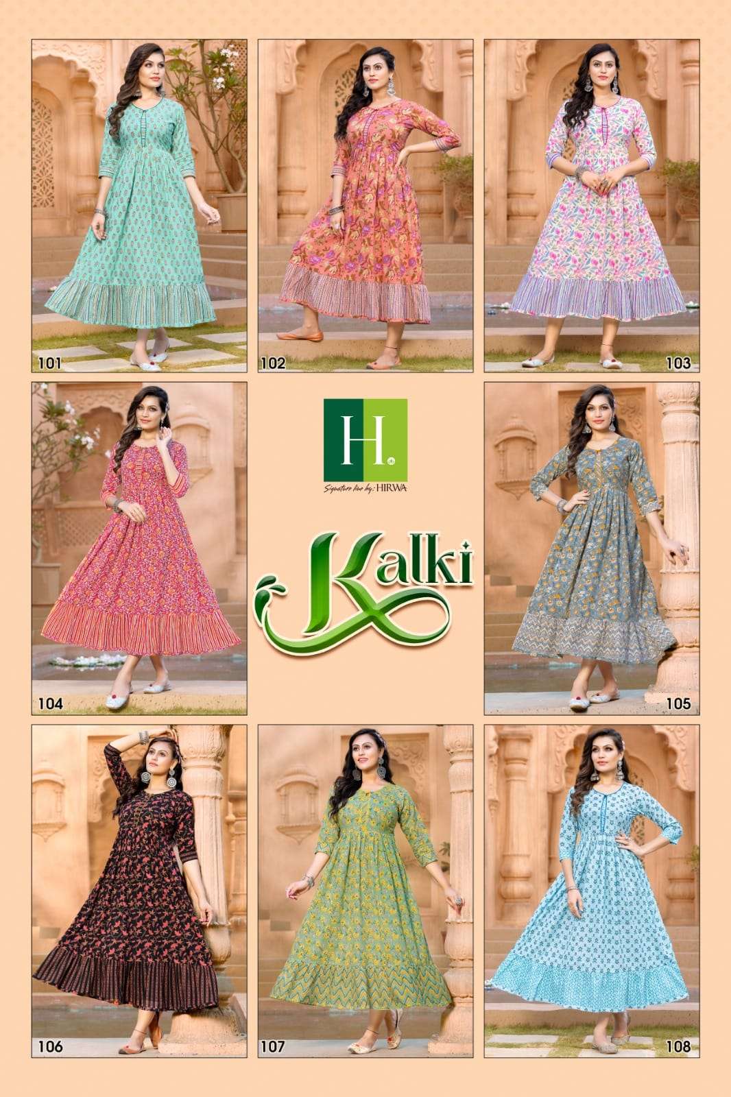 Kalki By Hirwa 101 To 108 Series Beautiful Stylish Fancy Colorful Casual Wear & Ethnic Wear Pure Cambric Cotton Gowns At Wholesale Price