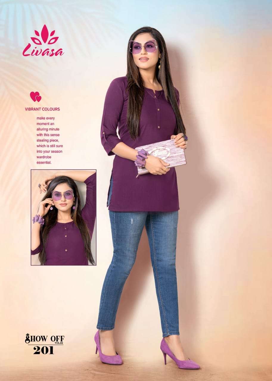 Show Off Vol-2 By Livasa 201 To 210 Series Beautiful Stylish Fancy Colorful Casual Wear & Ethnic Wear Rayon Tops At Wholesale Price